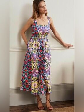 green emerald velvet dress Fit and Flare Midi Dress-Multi Meadow Flowers Lattice